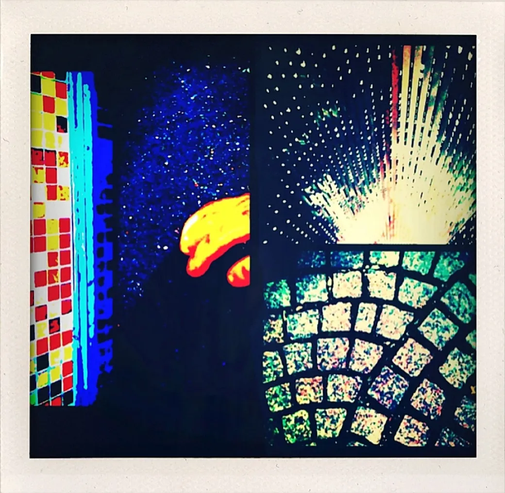 Four-panel collage showing tiled color blocks, a bright yellow hand, radiating light bursts, and curved stone patterns.