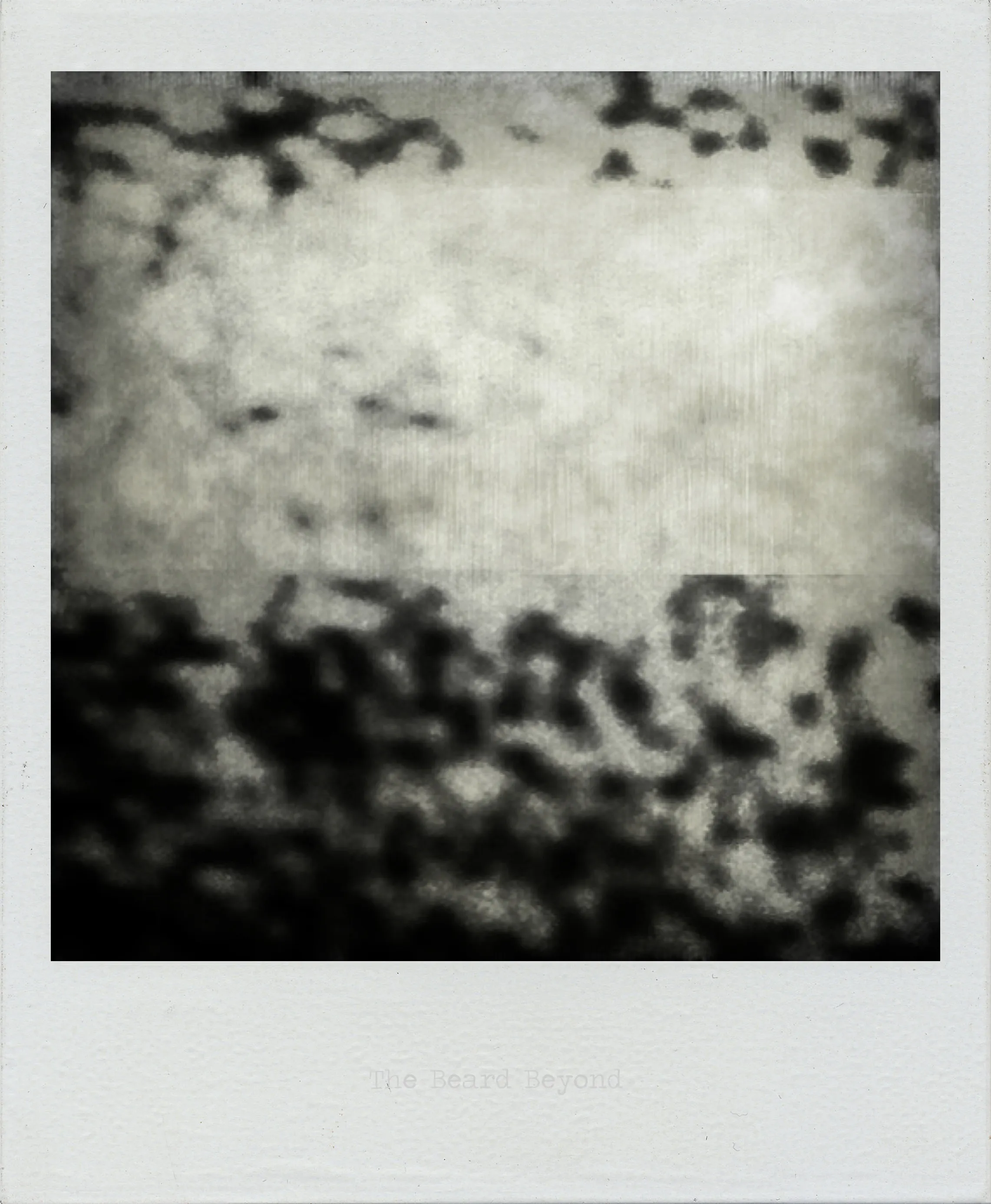 Abstract black and white image with soft-edged, pixel-like patterns clustered at the bottom and top edges.