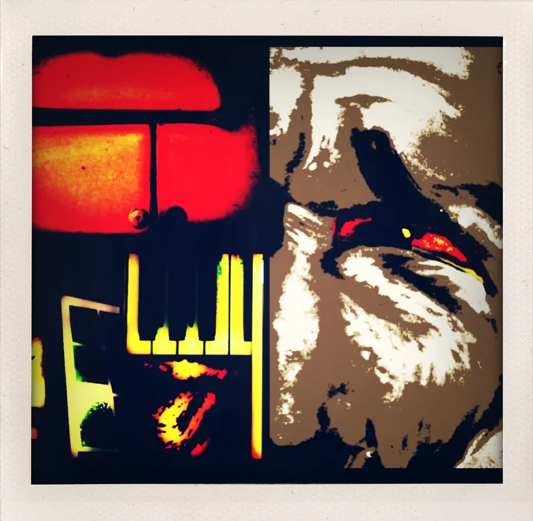 Split-image collage with abstract red lips, dark piano keys, and a close-up of an intense face with red eyes.