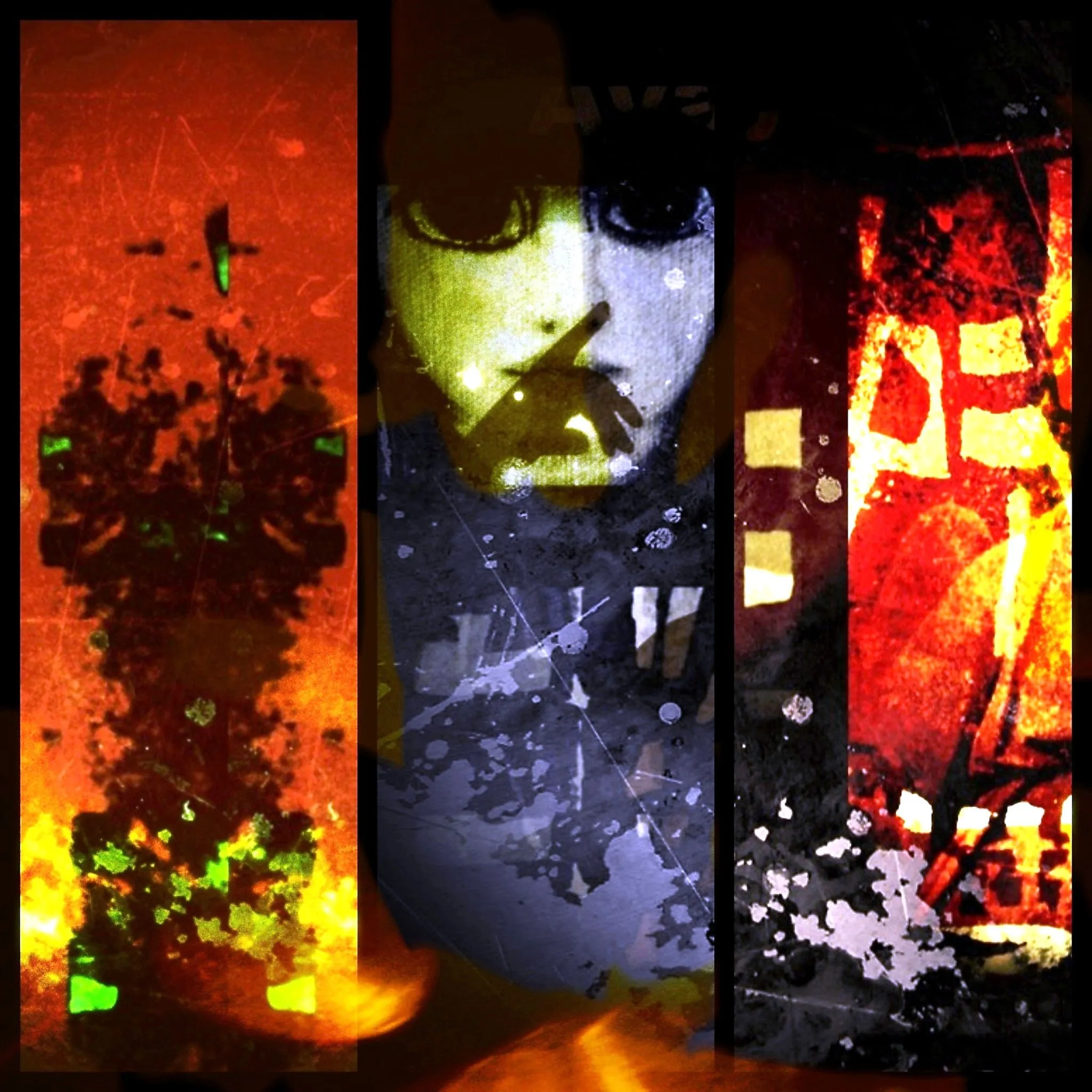 Triptych image with abstract red pattern on the left, doll-like face with finger to lips in the center, and distressed red poster with white text on the right.