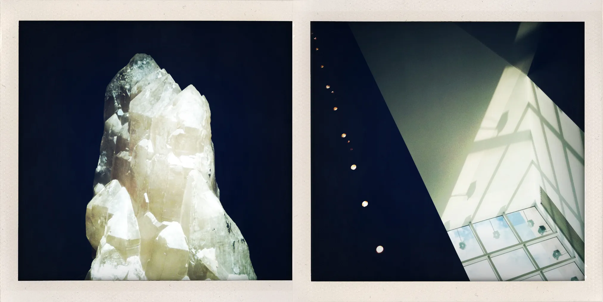 Close-up of a translucent crystal on the left; sunlit architectural wall with window reflections on the right.