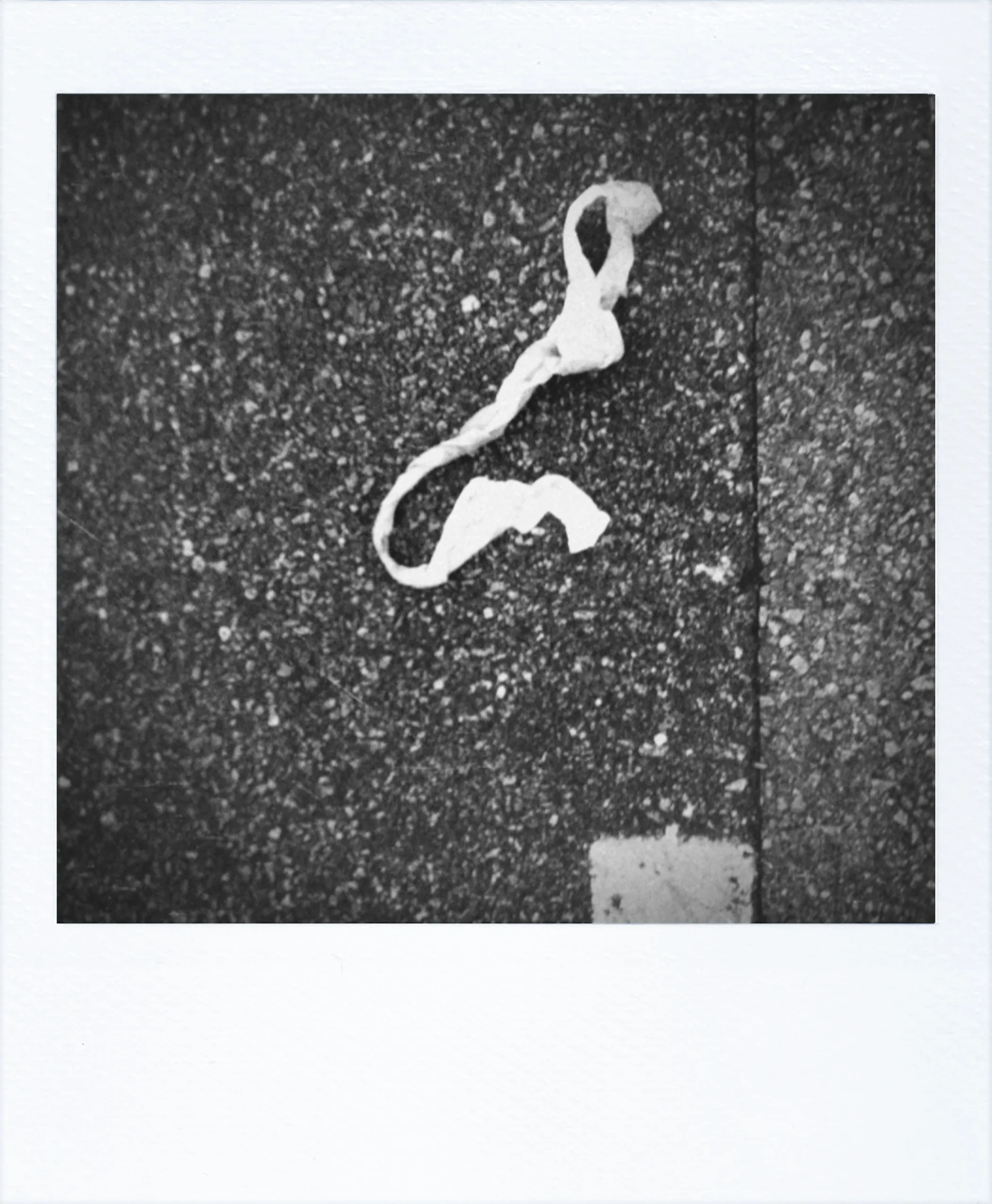 Black-and-white photo of a torn fabric strip lying on a rough asphalt street.
