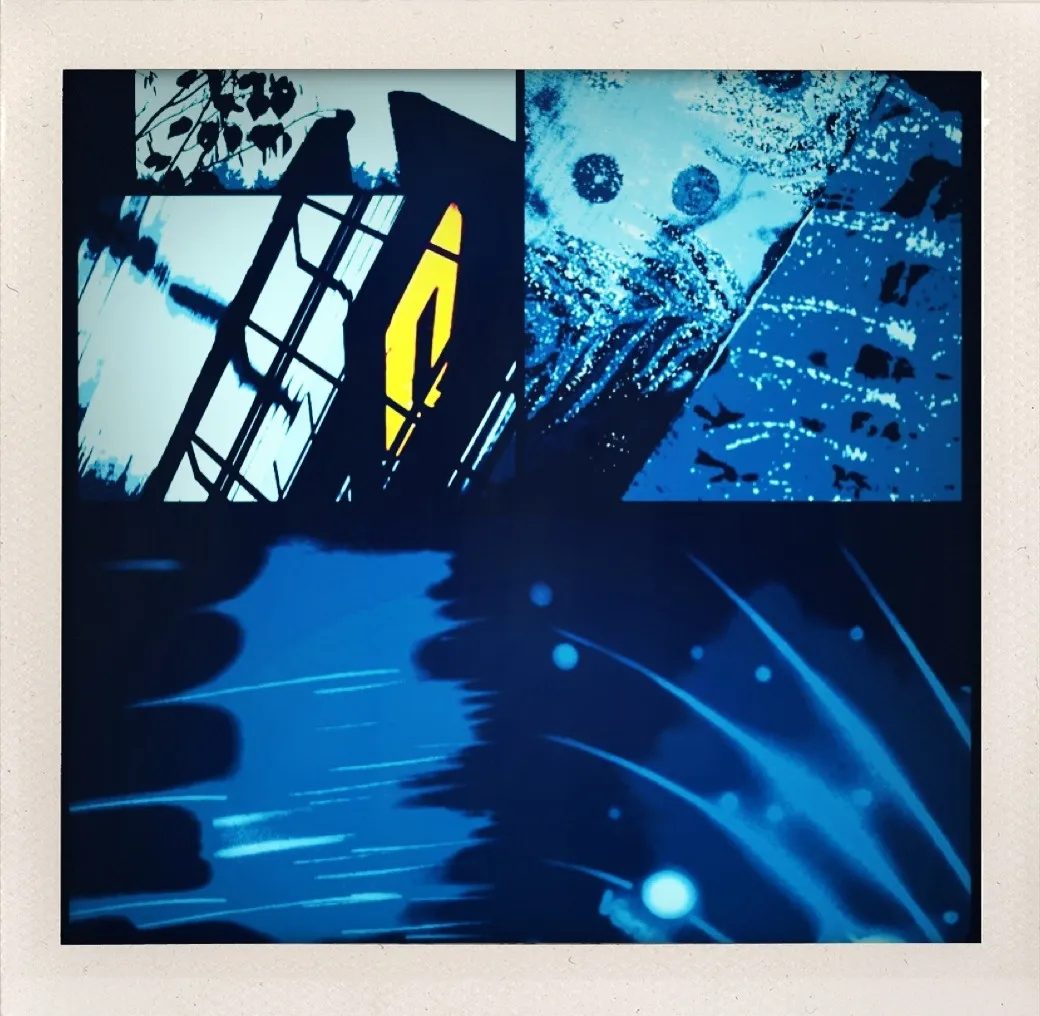 Four-panel image with blue and black tones showing abstract lines, geometric forms, ghostly textures, and digital blur.