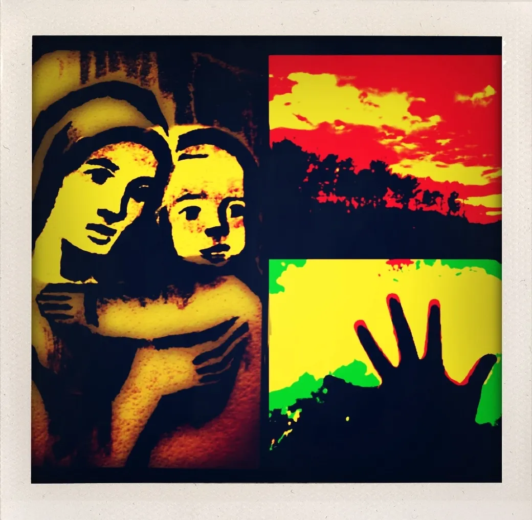 Triptych showing a Madonna-and-child figure, a red-tinted sunset over trees, and a silhouetted hand against a bright sky.