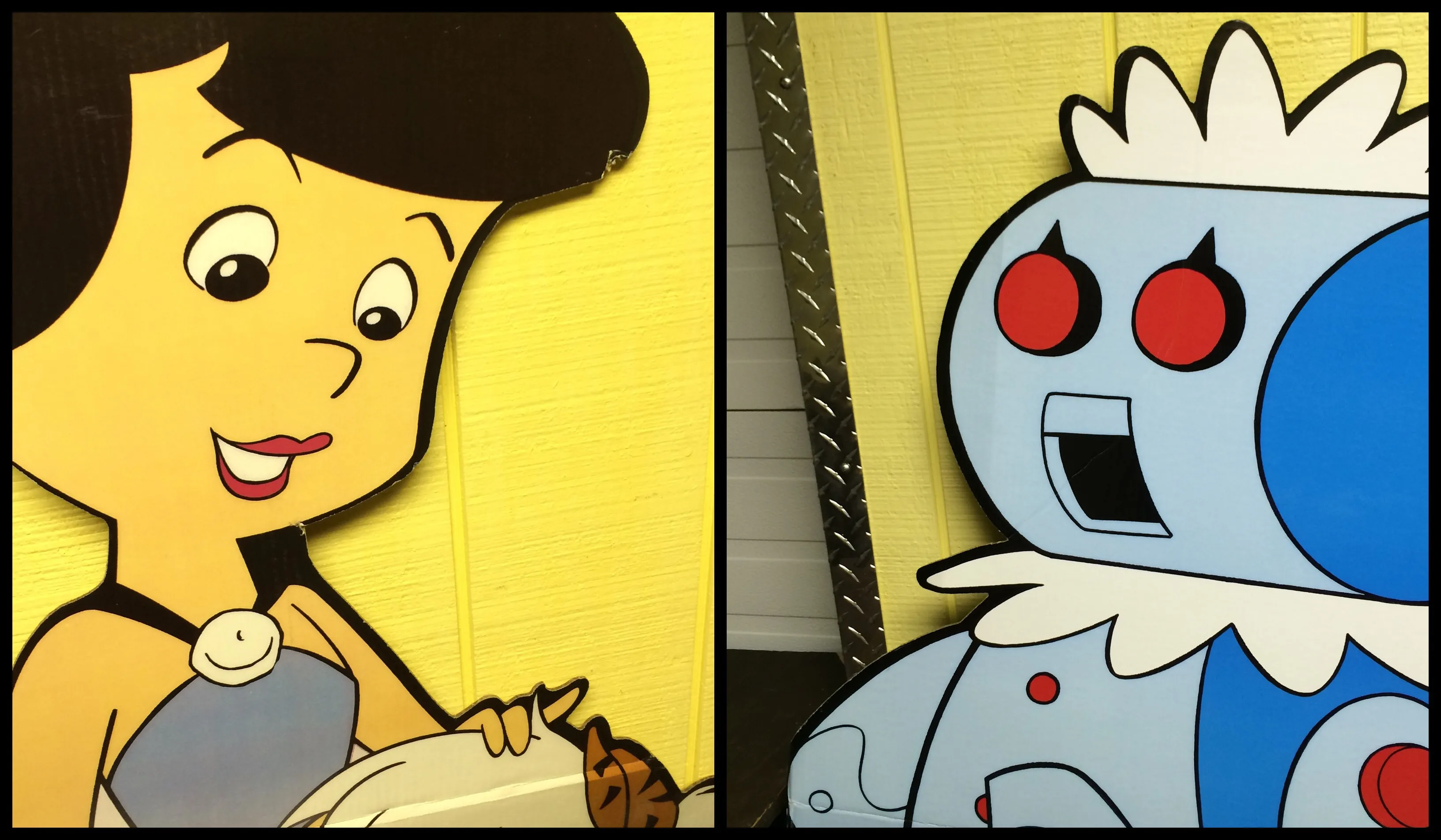 A diptych featuring a cropped image of Betty Rubble looking downward and an image of Rosie the Robot appearing surprised.