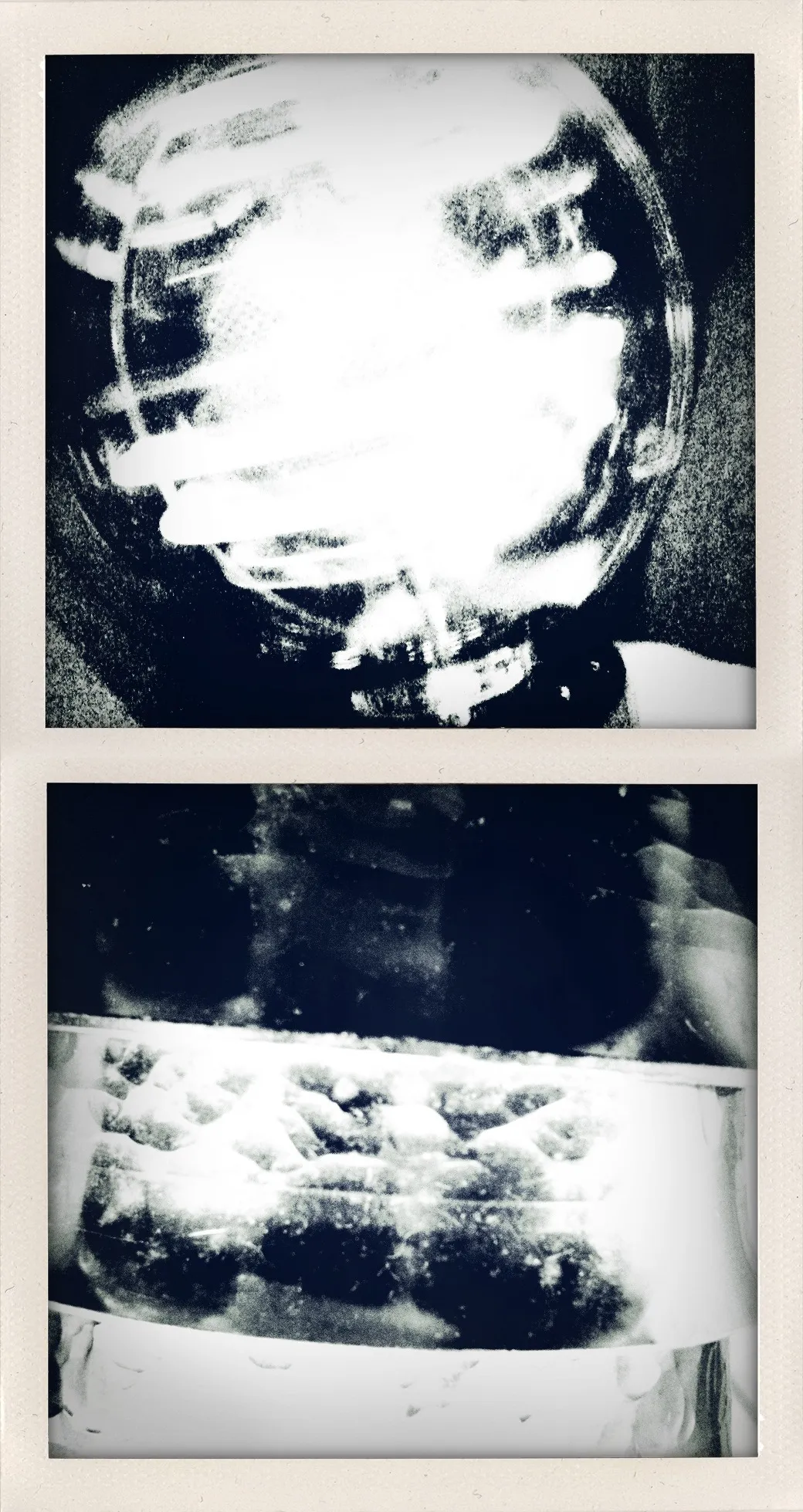 Blurry black-and-white diptych of a figure in motion; top shows circular head and arms, bottom shows elongated torso.