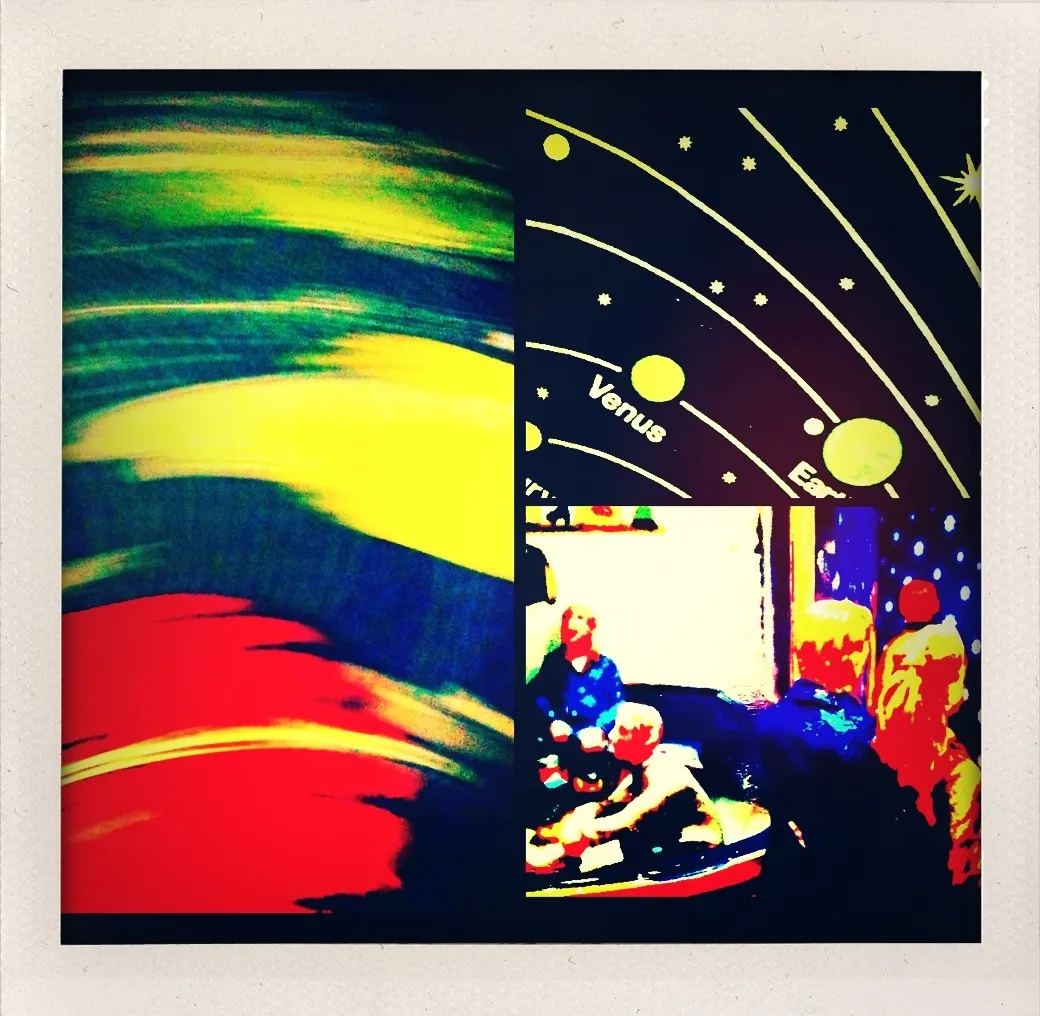 Abstract streaks, a solar system diagram labeled Venus and Earth, and children in a space-themed play area.