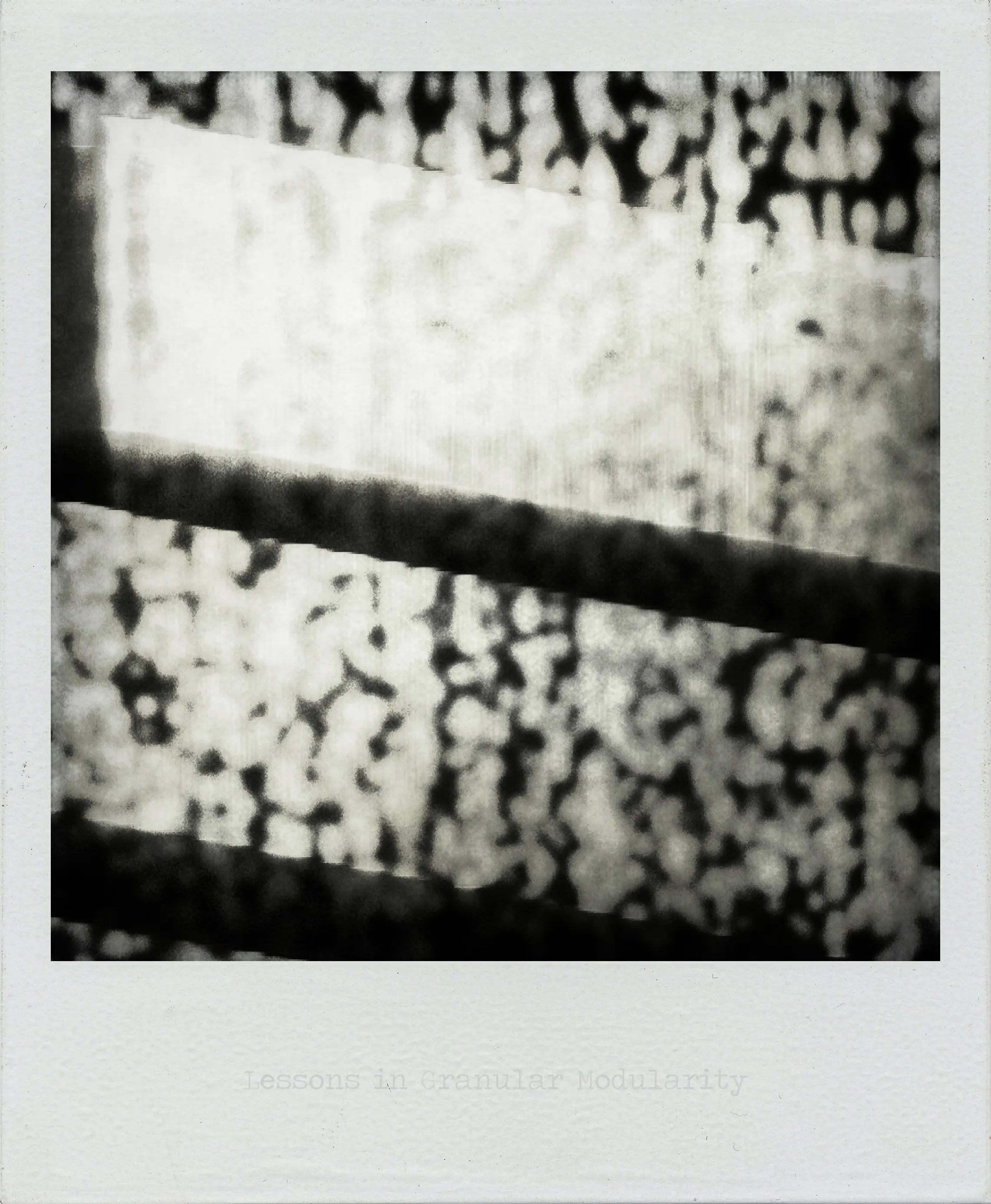 Black-and-white abstract image with diagonal bars and dense granular patterns resembling static or digital noise.