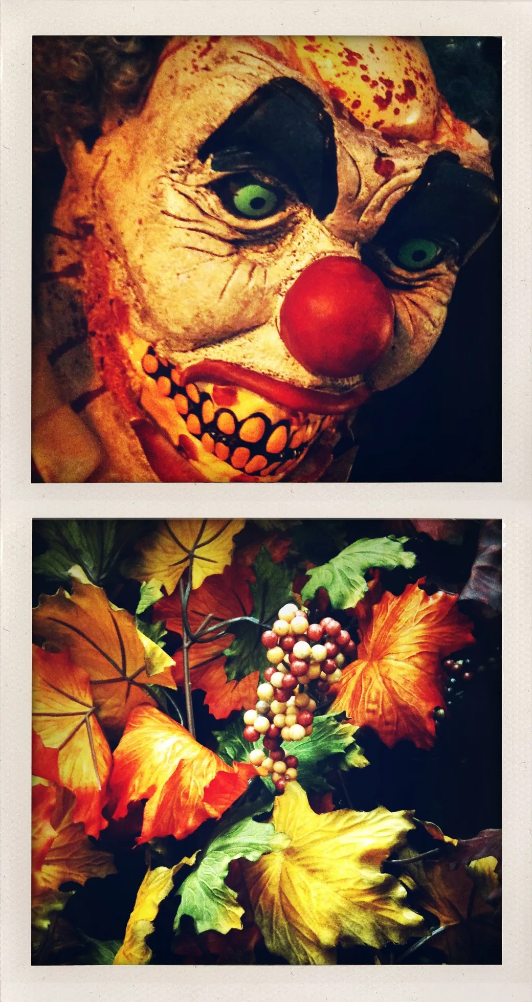 Two stacked photographs: a close-up of a grotesque clown mask above artificial autumn leaves and grape clusters.