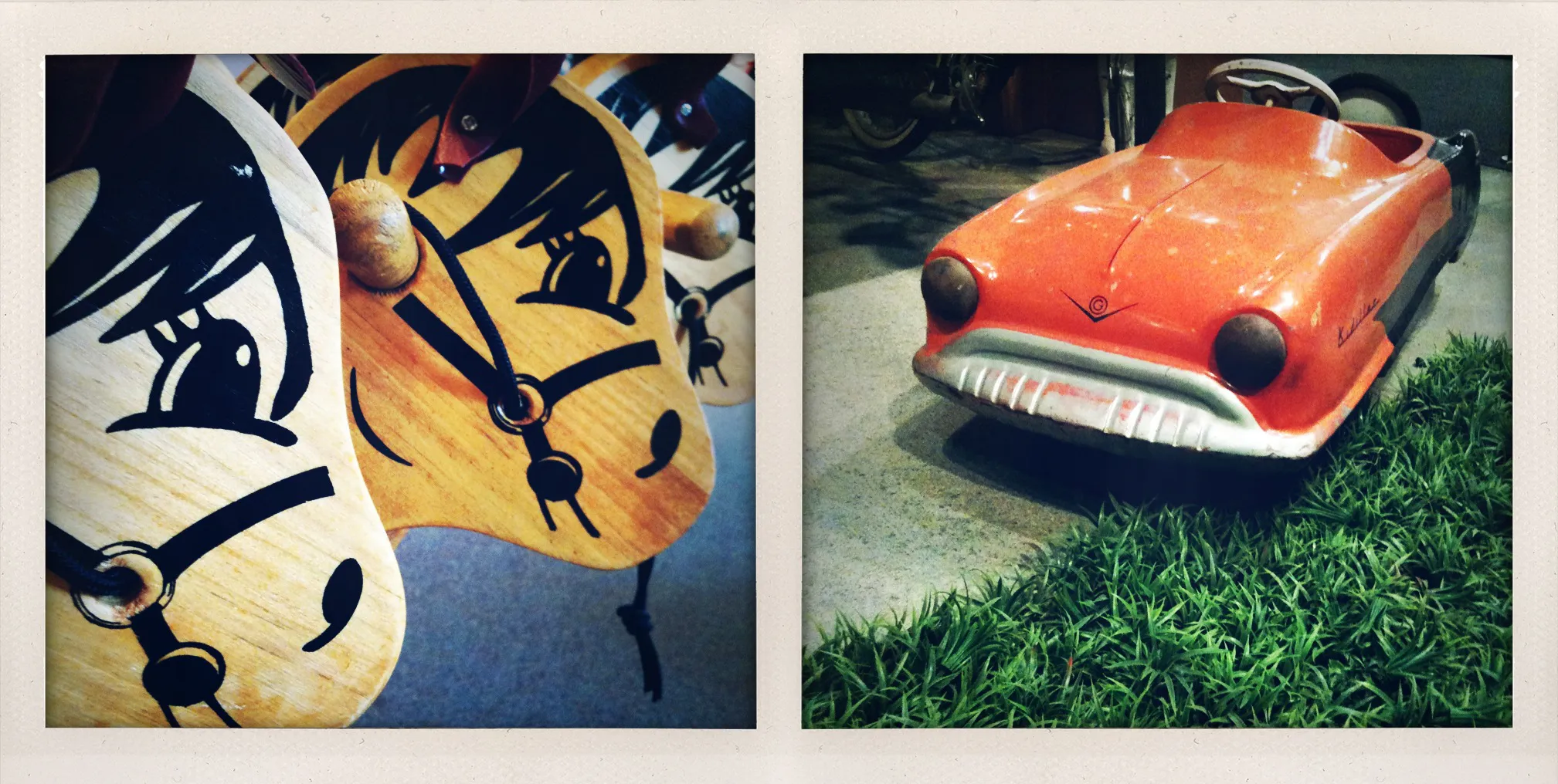 Close-up of painted wooden horse ride-on toys on the left; red vintage toy car on display with green turf on the right.