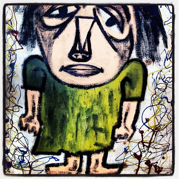 A stylized painting of a figure with large facial features and a green dress, surrounded by splattered abstract lines.
