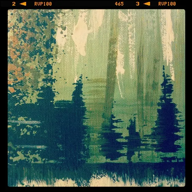 A textured painting of pine trees with vertical brushstrokes, suggesting reflections in water, in green and blue tones.