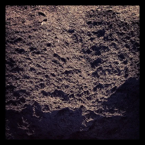 Uneven patch of dark, textured dirt with scattered footprints and shadows across the surface.