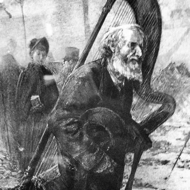 Black and white illustration of an elderly man carrying a harp in the rain, with somber onlookers in the background.