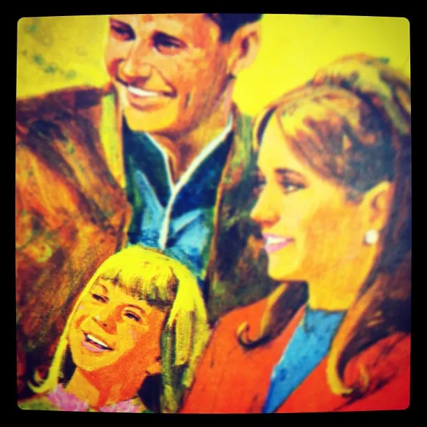 Vintage-style illustration of a smiling man, woman, and young girl with blonde hair, depicted in warm, saturated tones.