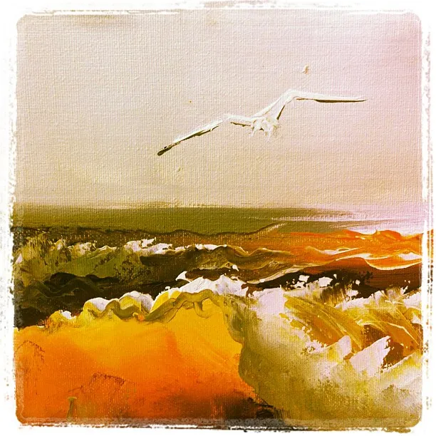 Painting of a seagull in flight over abstract, textured waves rendered in shades of orange, white, and brown on canvas.