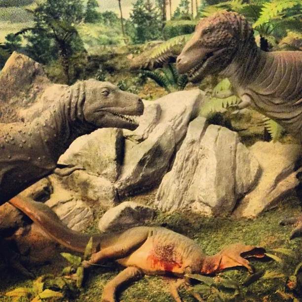 Diorama showing two large dinosaur figures standing over a smaller, wounded dinosaur model in a rocky, forested prehistoric setting.