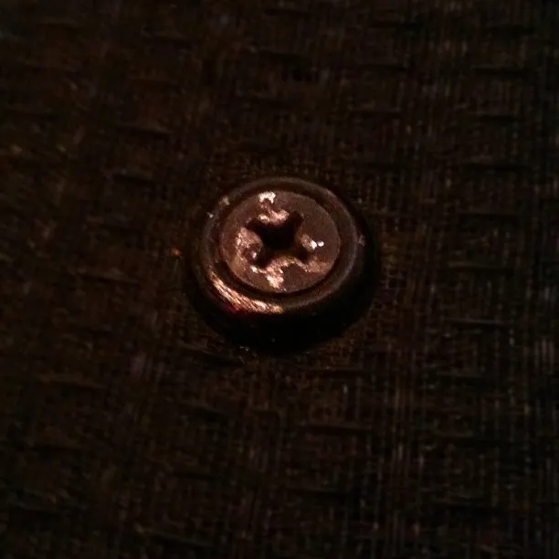 Close-up of a dark Phillips-head screw embedded in a textured black surface under low lighting.