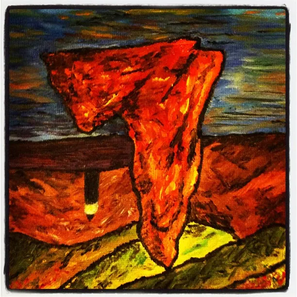 A textured painting shows a bright red-orange abstract form resembling a large draped cloth or geological structure against a multicolored, mountainous background and dark sky. 