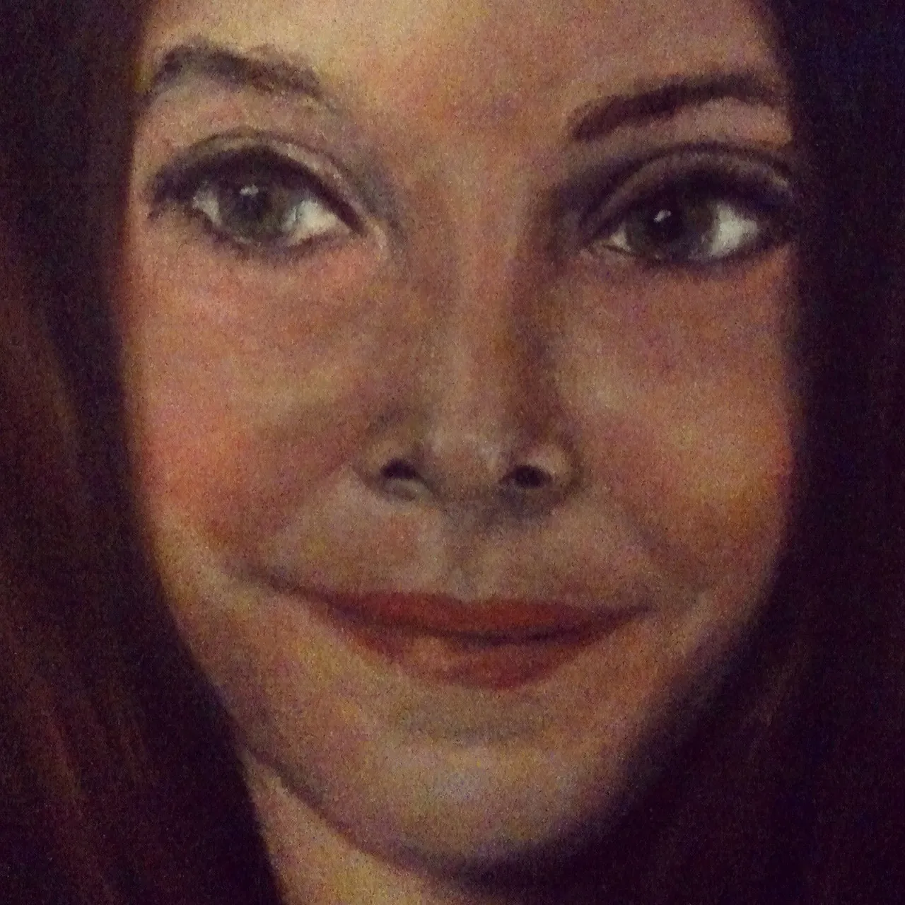 Close-up of a painted portrait of a woman’s face with long brown hair, soft lighting, and a subtle smile, rendered in warm tones.