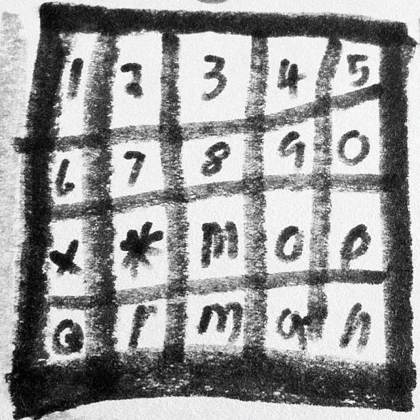 Hand-drawn black and white sketch of a keypad grid containing numbers, symbols, and letters in uneven squares.