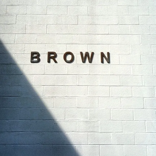 The word “BROWN” in dark capital letters mounted on a white brick wall, partially shadowed by diagonal light.