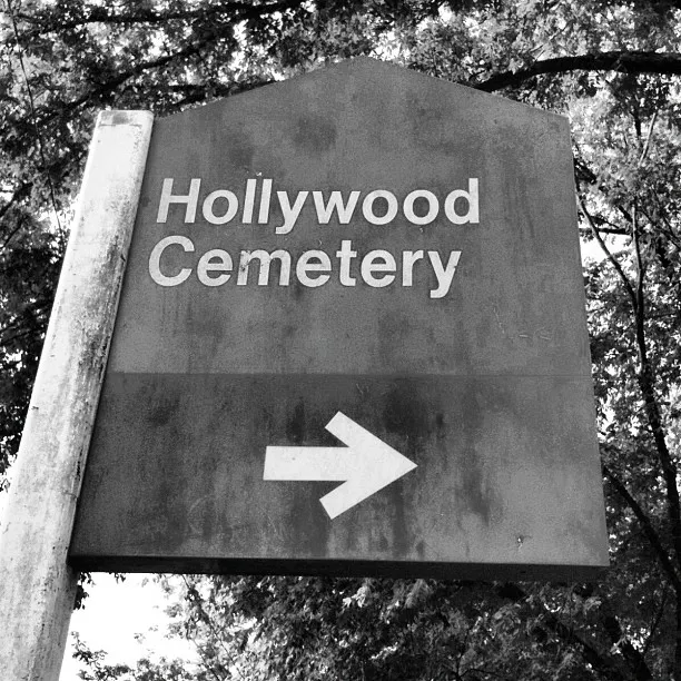 Weathered directional sign reading “Hollywood Cemetery” with a right-pointing arrow, surrounded by tree branches.