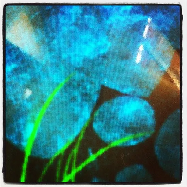 Close-up of a digital screen showing an abstract blue and green scene resembling stones and grass, with visible pixelation and glare.