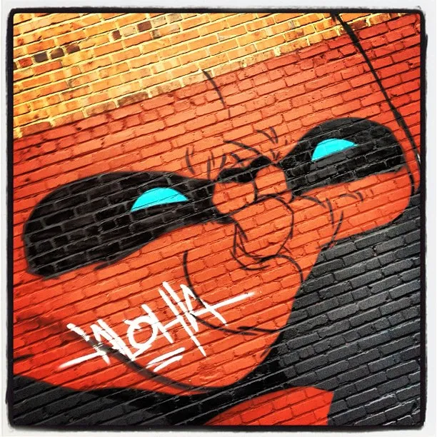 Large mural of a stylized cartoon face painted on a brick wall, featuring blue eyes, black mask-like markings, and the word “ALOHA” in graffiti.