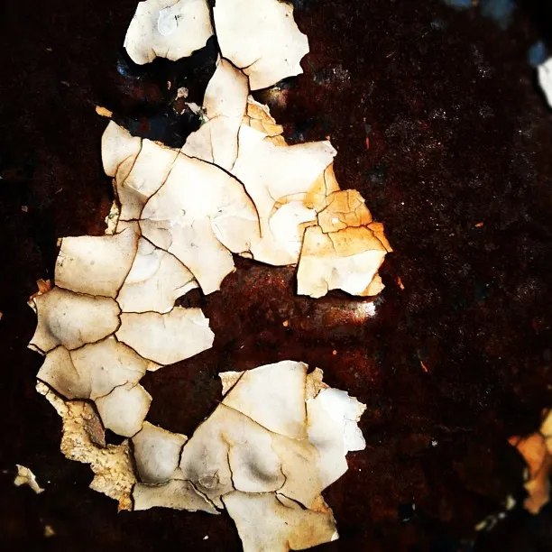 Close-up of cracked and peeling white paint on a rusted dark brown surface, revealing layered textures and age.