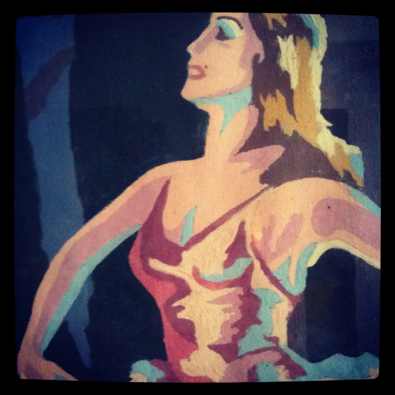 Colorful painting of a woman in a red dress with her arms raised, depicted in a bold, stylized manner with high-contrast shading.