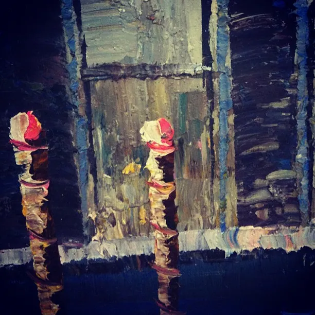 Textured painting showing a weathered window and three vertical posts with red-tipped tops in front.