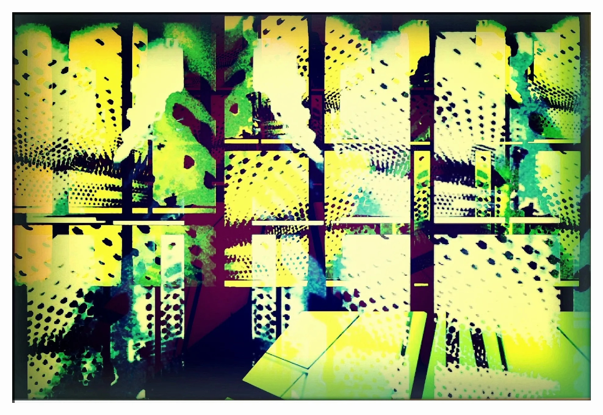 Fragmented halftone image with neon green tones evokes industrial forms and environmental tension.