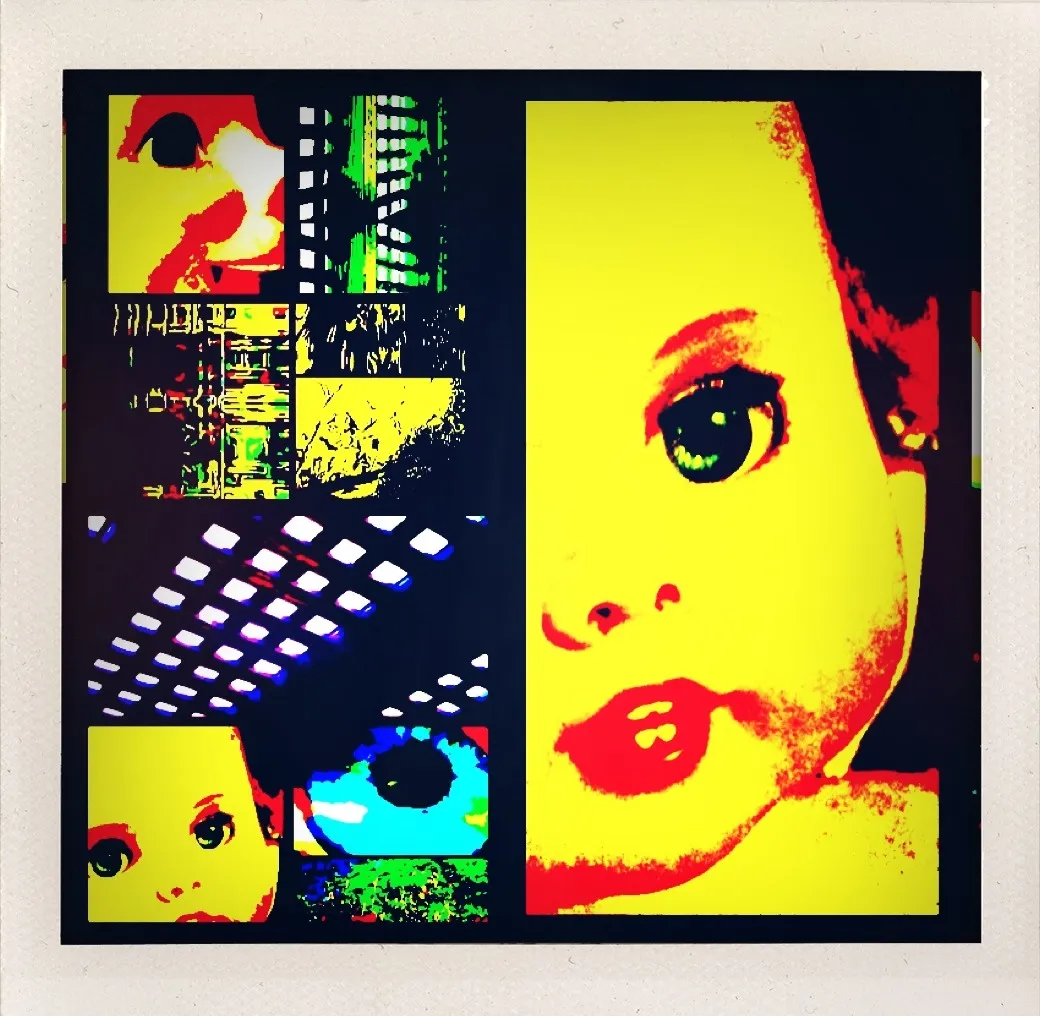 Collage with doll faces, a large pixelated eye, circuit board textures, and a grid of glowing squares in vivid colors.