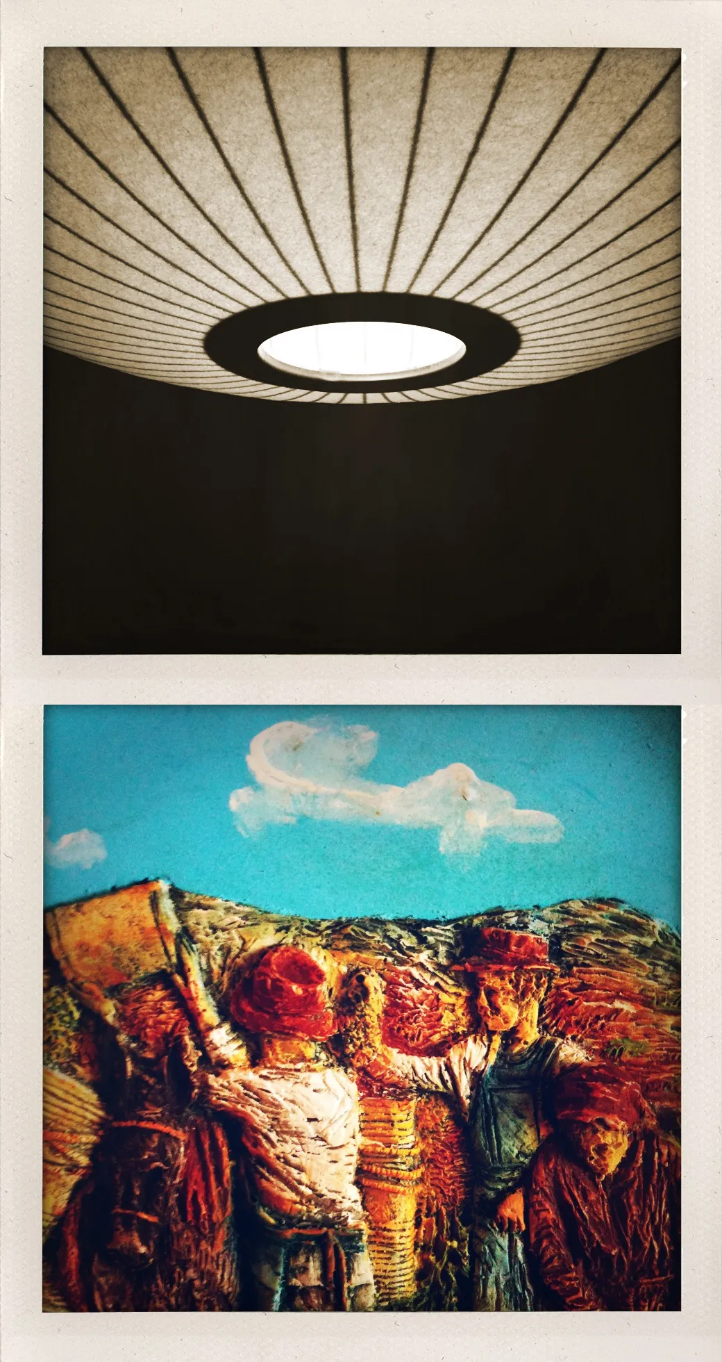 Upper panel shows a circular ceiling light with radiating lines; lower panel depicts three figures in textured relief against a blue sky.