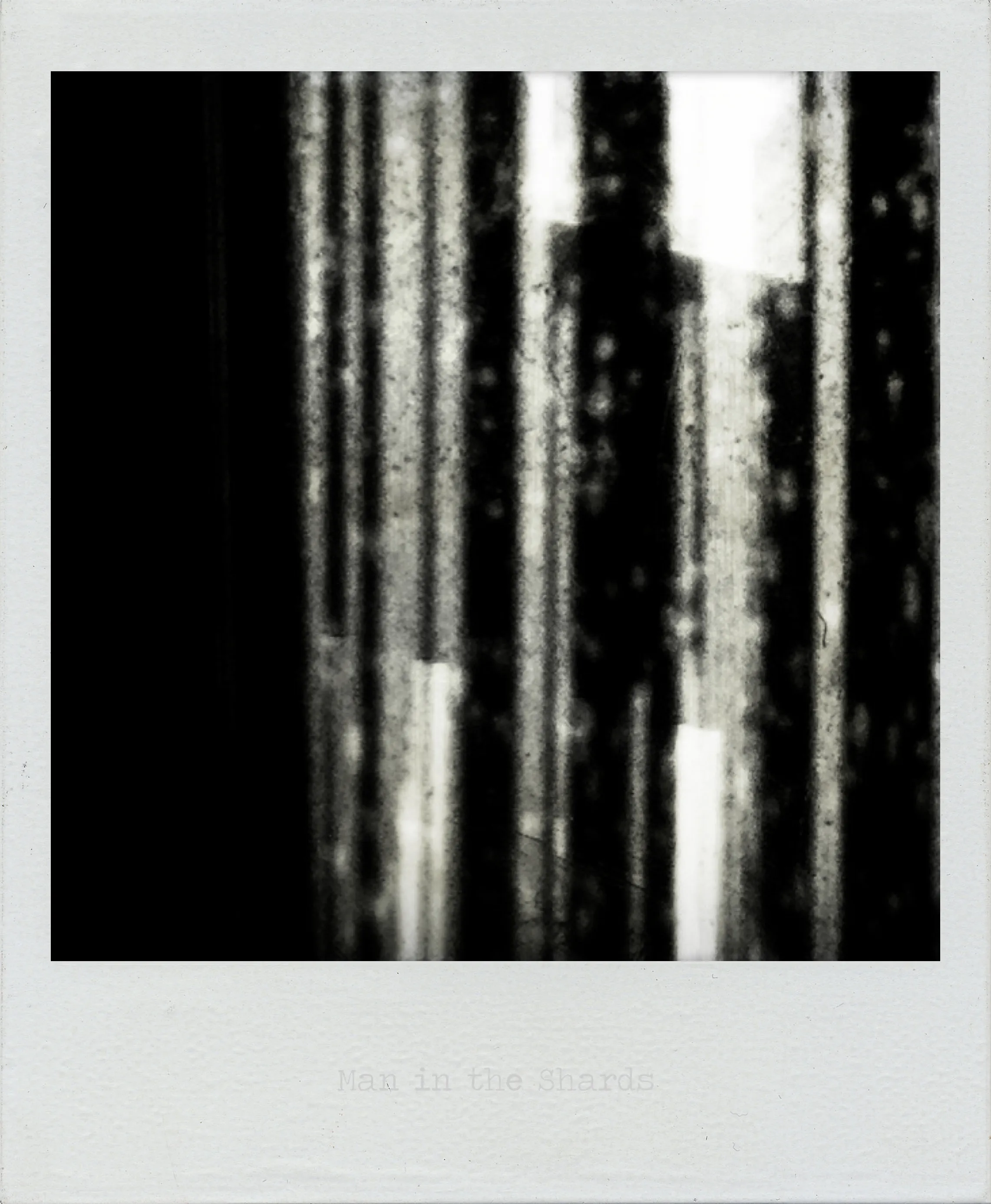 Abstract vertical bands of black and white with blurred textures and high contrast; central light forms suggest fragmented structure.