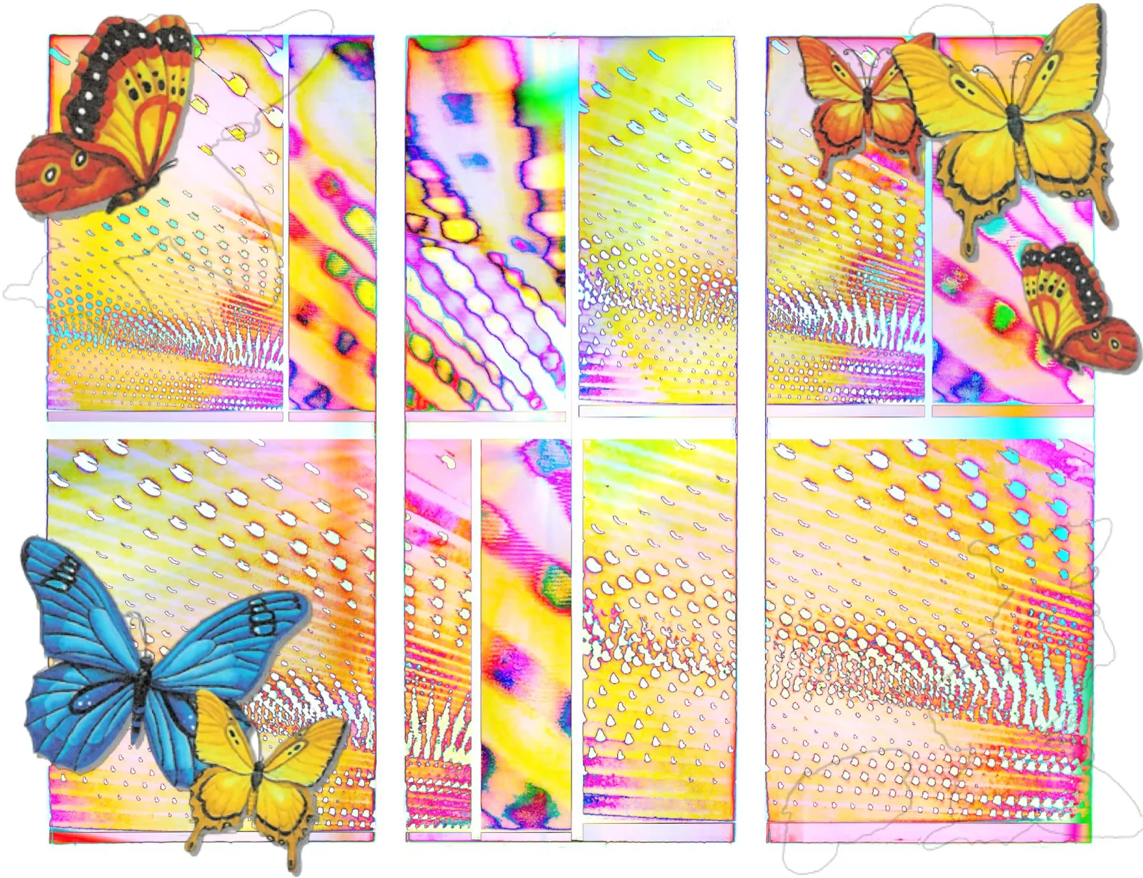 A collage of iridescent, abstract panels with circular dot patterns, overlaid with colorful illustrations of butterflies.