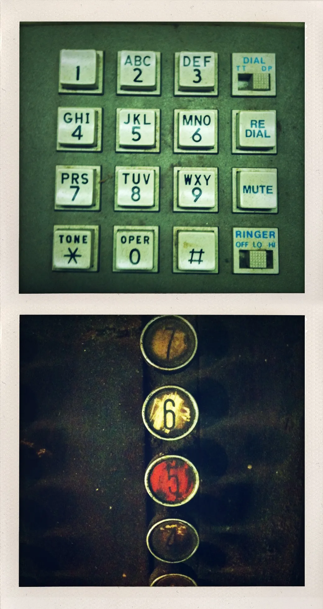 Two vertically stacked panels show a vintage telephone keypad above and an old elevator button panel below.