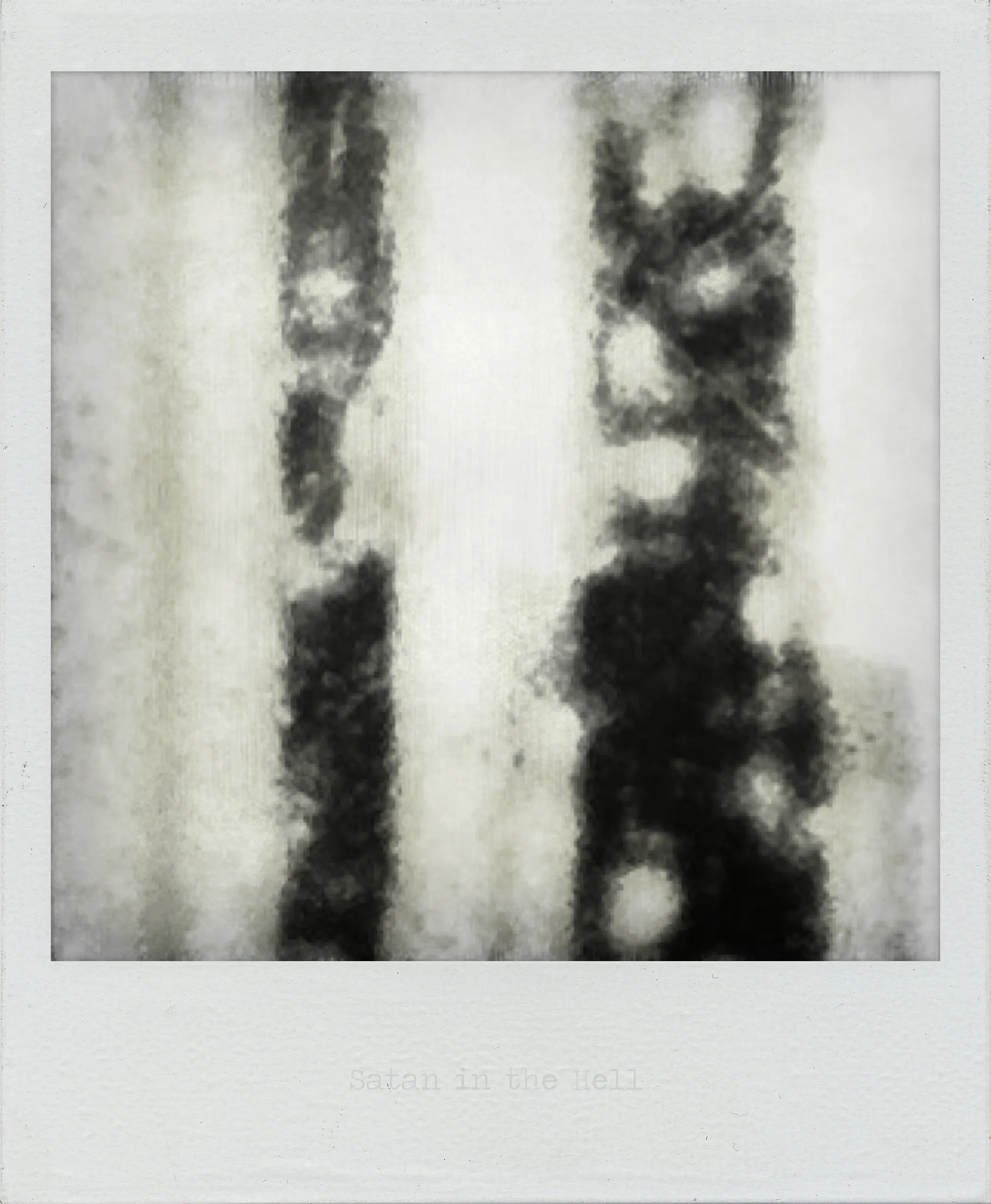 Abstract black and white image with vertical smudged bands and soft-edged dark shapes on a pale textured background.