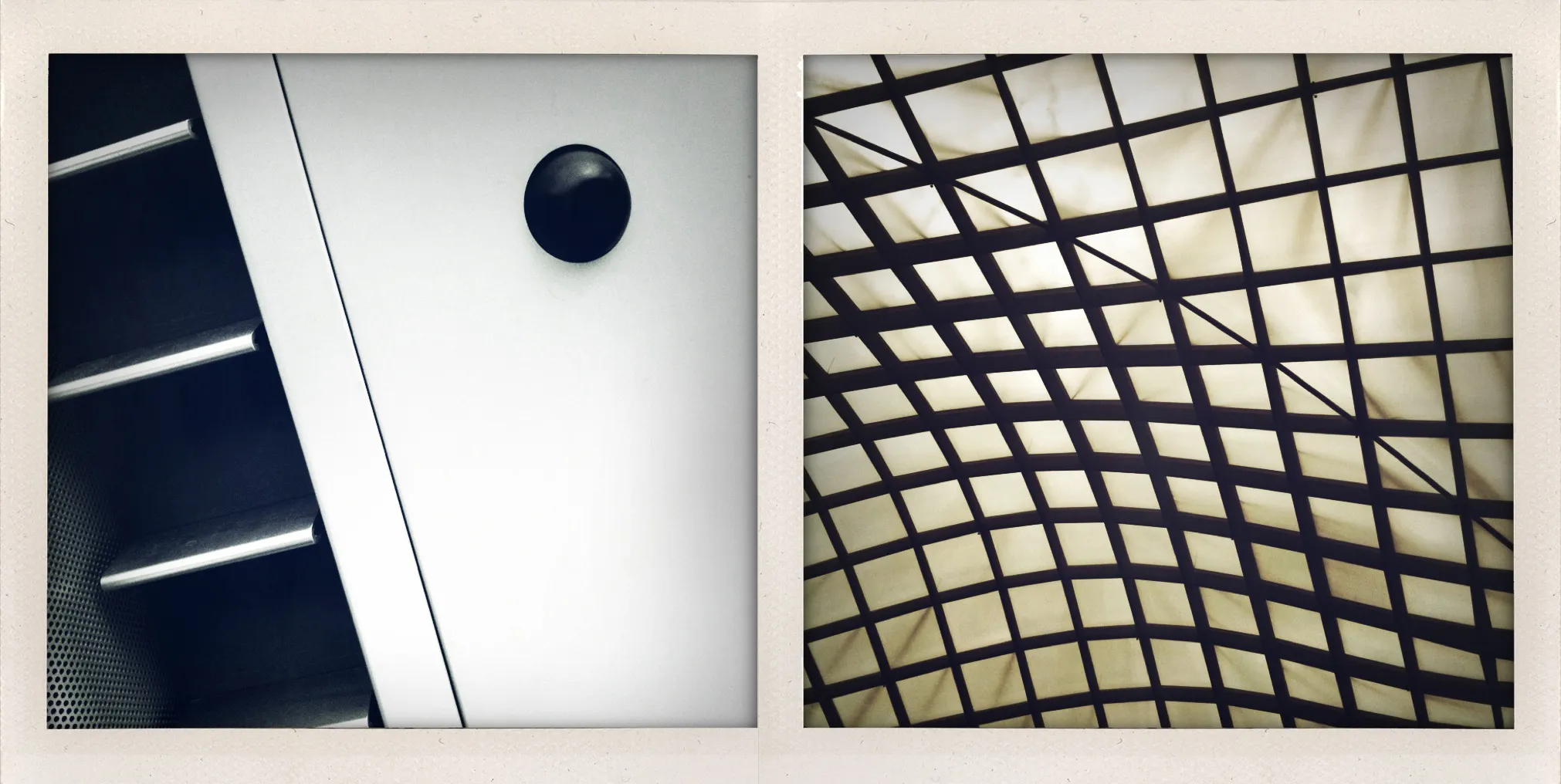 Diptych of close-up stairs and a circular object on the left; geometric grid ceiling pattern on the right.