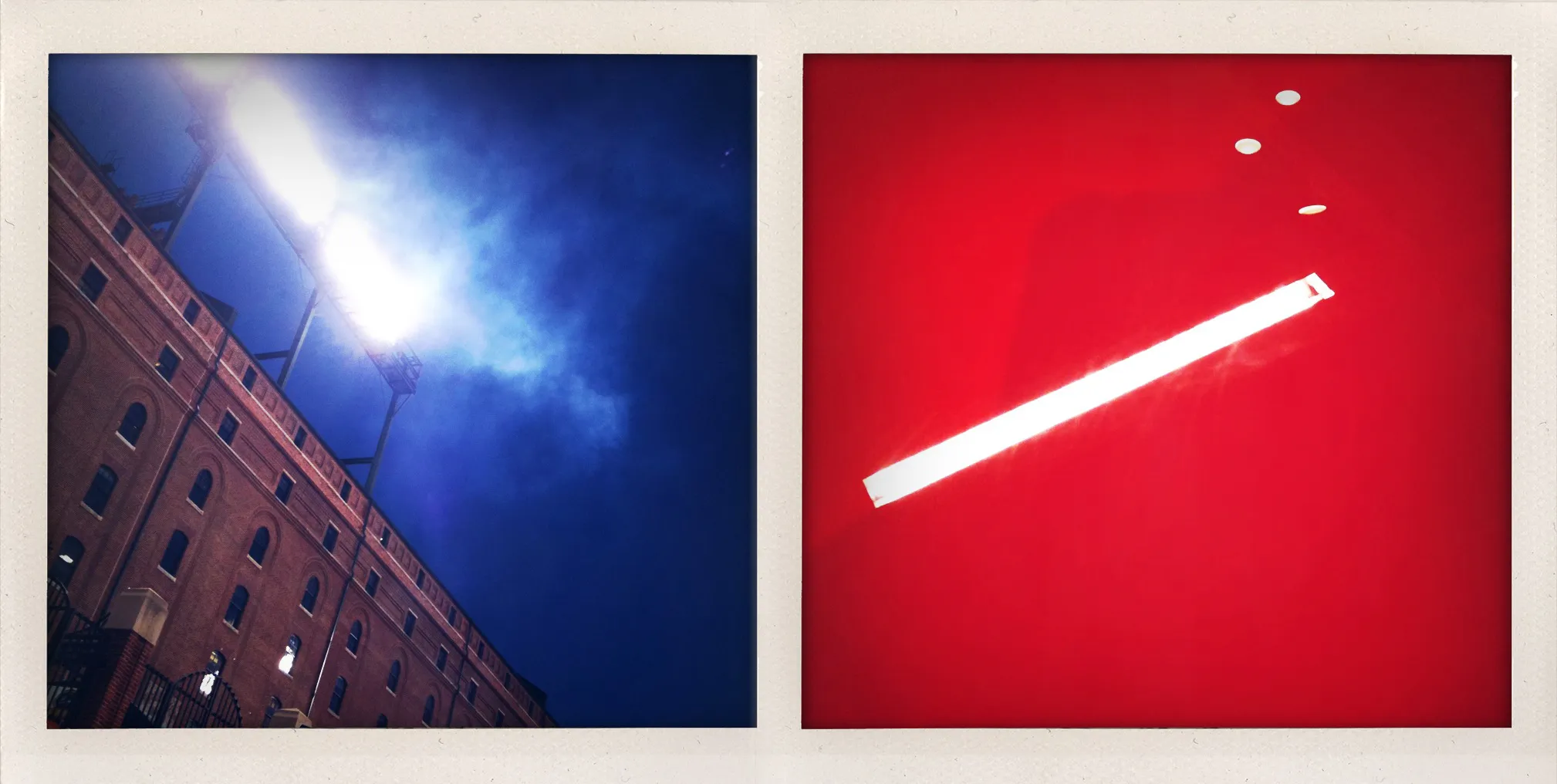 Diptych showing a lit stadium with smoke on the left and a bright ceiling light against a red background on the right.