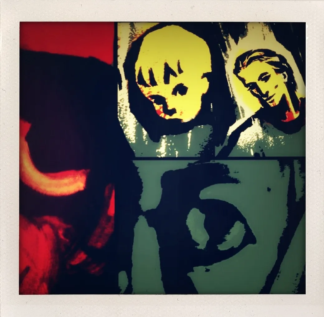 Four-panel collage with stylized faces, including a child and adult, a red-hued figure, and a close-up of an eye.