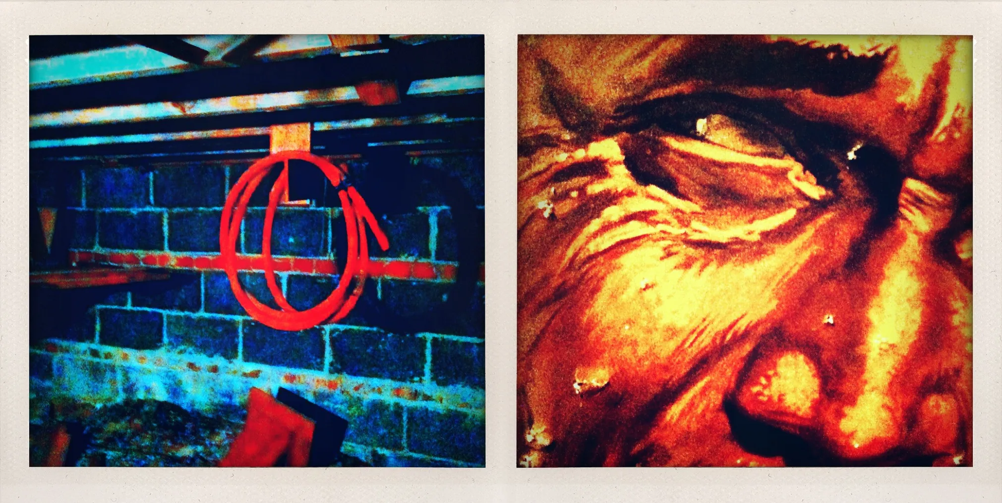 Two-panel image: left panel shows a red hose coiled on a basement wall; right panel shows a torn close-up of a man’s sunburned face.