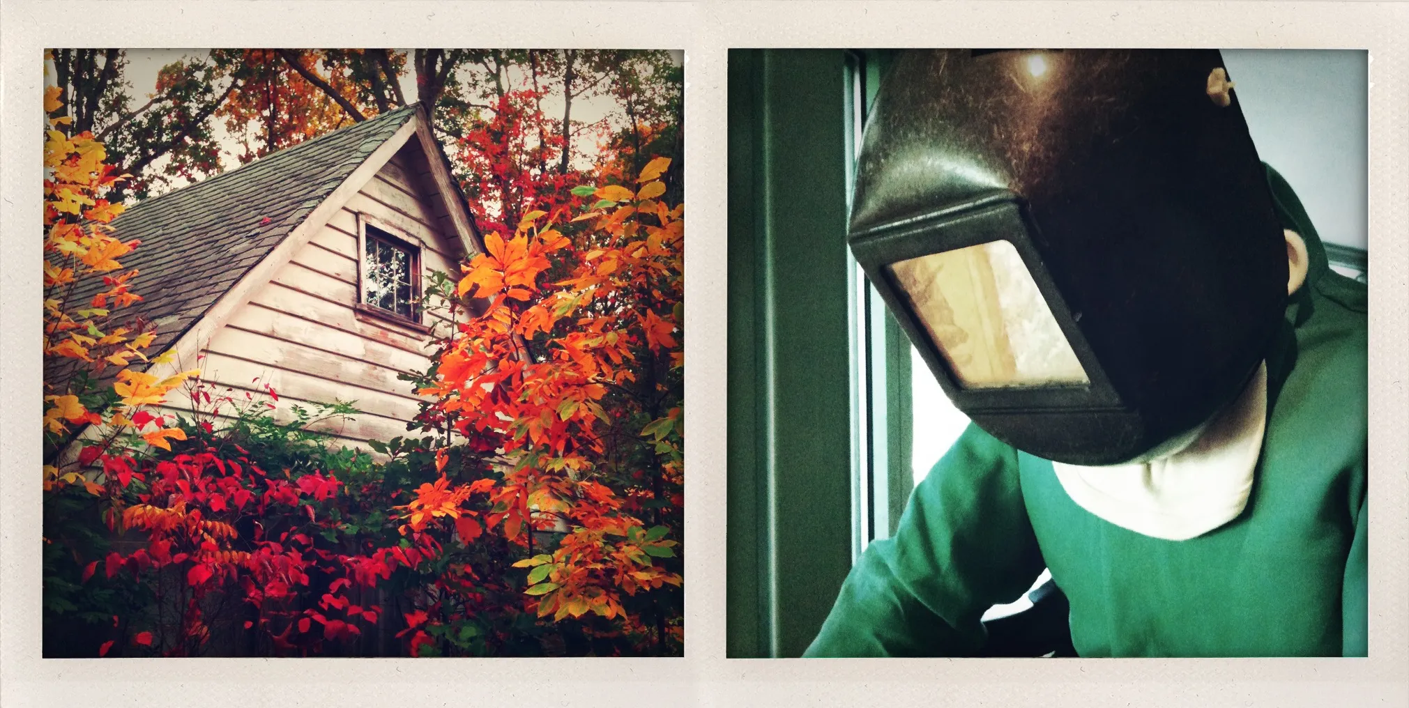 Diptych with a cottage surrounded by autumn foliage on the left and a person in a welder’s mask and green clothing on the right.