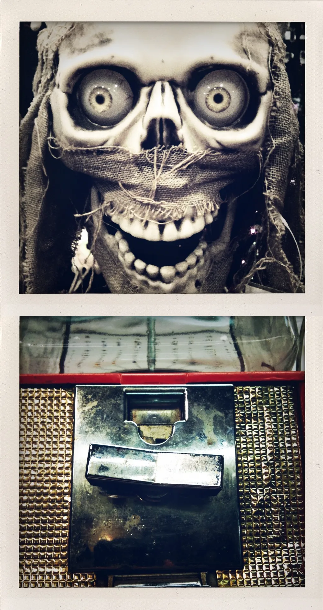 Vintage gumball machine with chrome latch below a burlap-covered skull with large eyes, set in a diptych format.