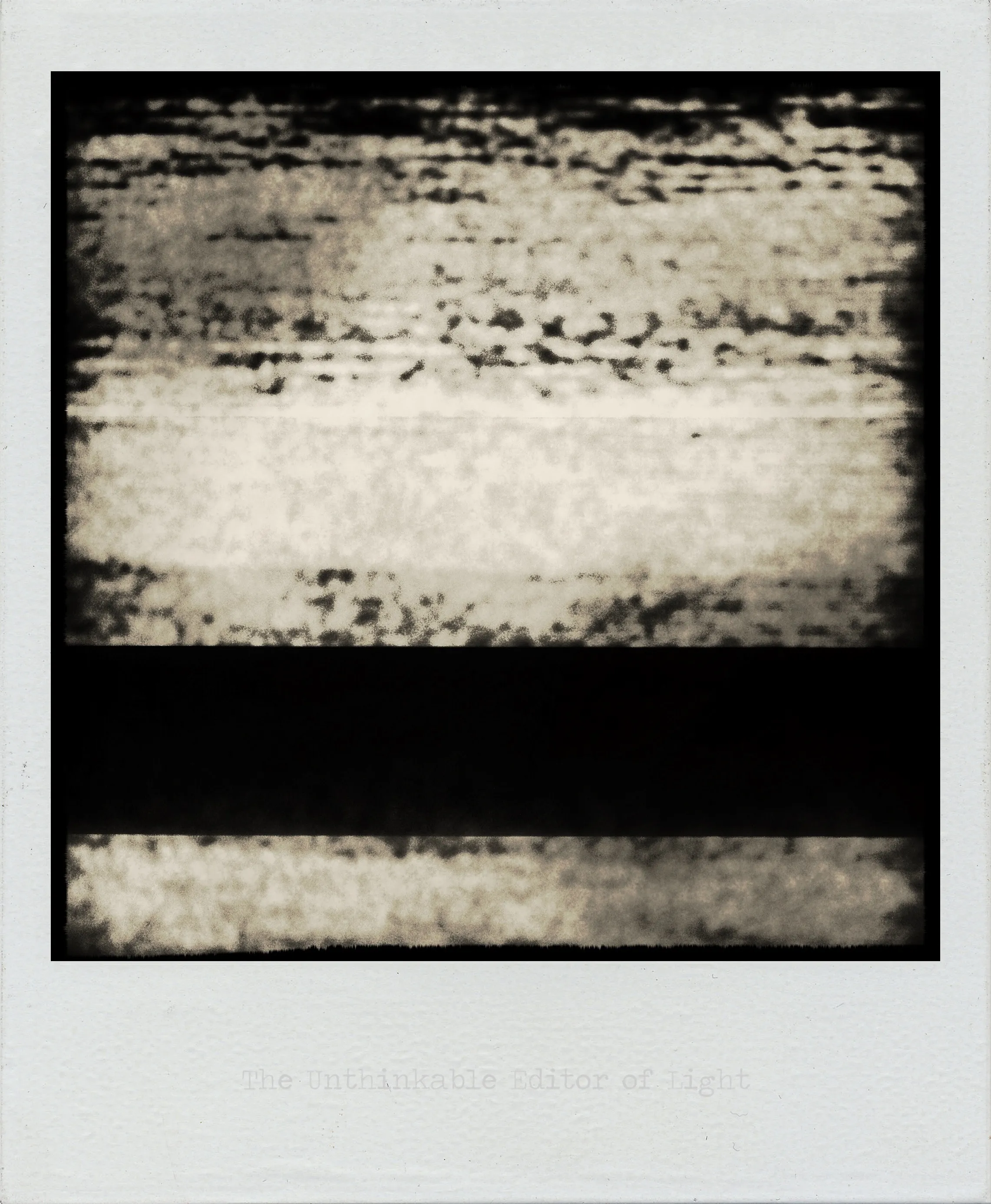 Grainy monochrome image with horizontal static bands and two wide black stripes across the center.