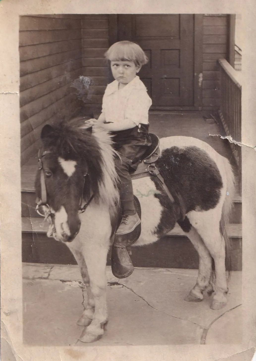 Antique black and white photograph of a small child with a stern expression seated in a saddle on a small pinto pony in front of a wooden building