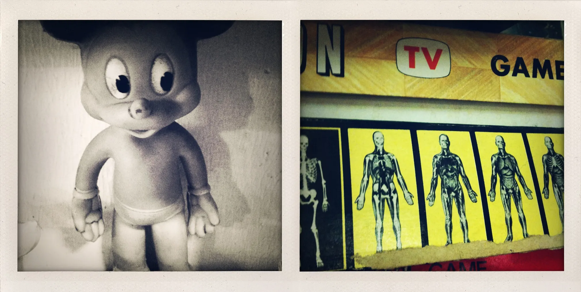 A grayscale Mickey Mouse toy with fixed underpants on the left and detailed removable anatomical diagrams of human figures on the right.